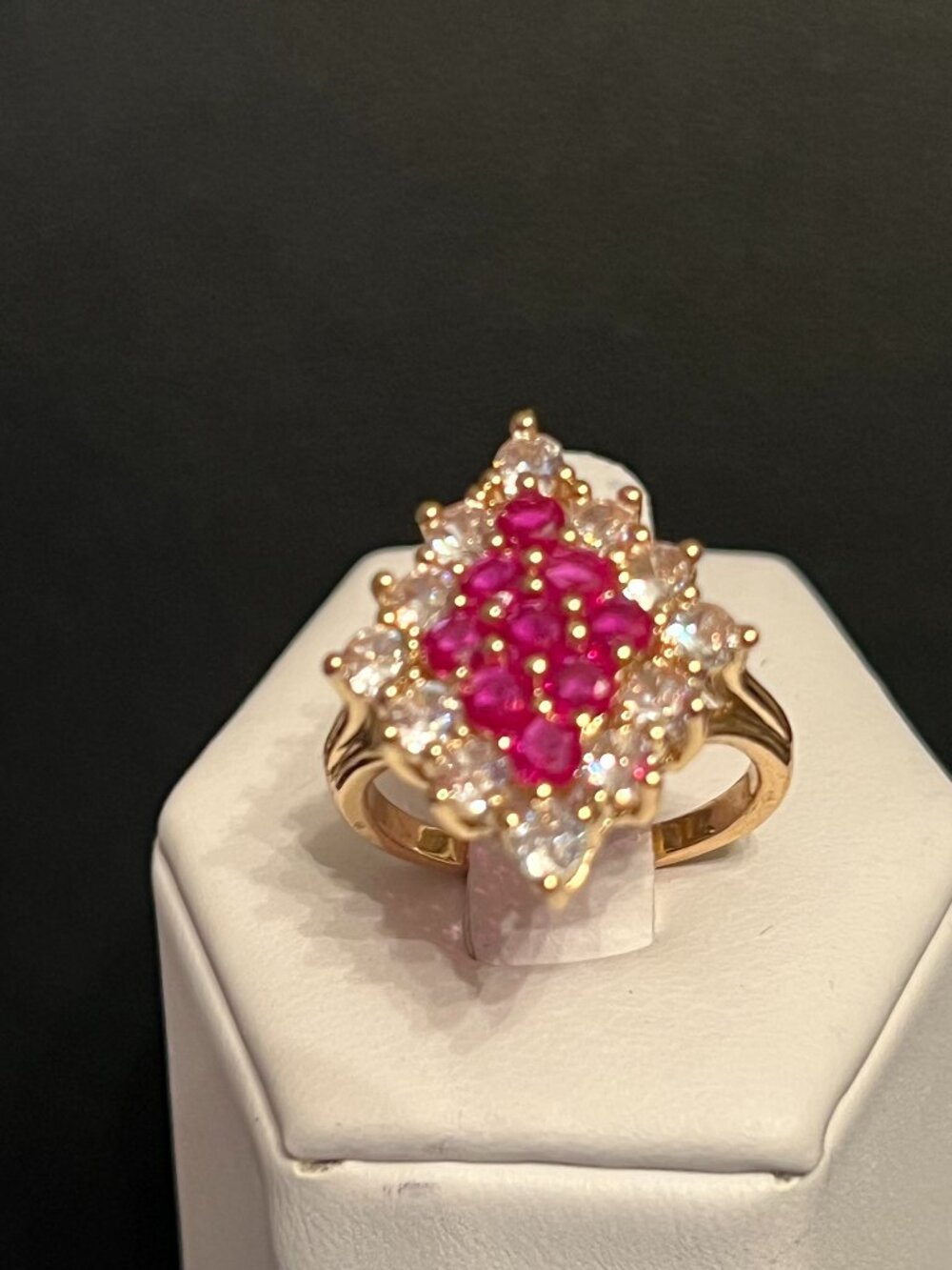 Gold-Tone Ruby and Diamond Simulant Cluster Ring Size 7 (385)